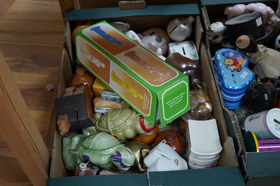 A large collection of mostly late 20th century pottery, metal and wooden novelty money boxes, including Rye, Staffordshire etc. (3 boxes). Condition - mostly fair to good.